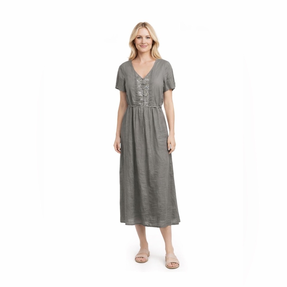 Poetry Grey Ramie Midi Dress with Sequin Detail Size UK 16 or US 12 Short Sleeve